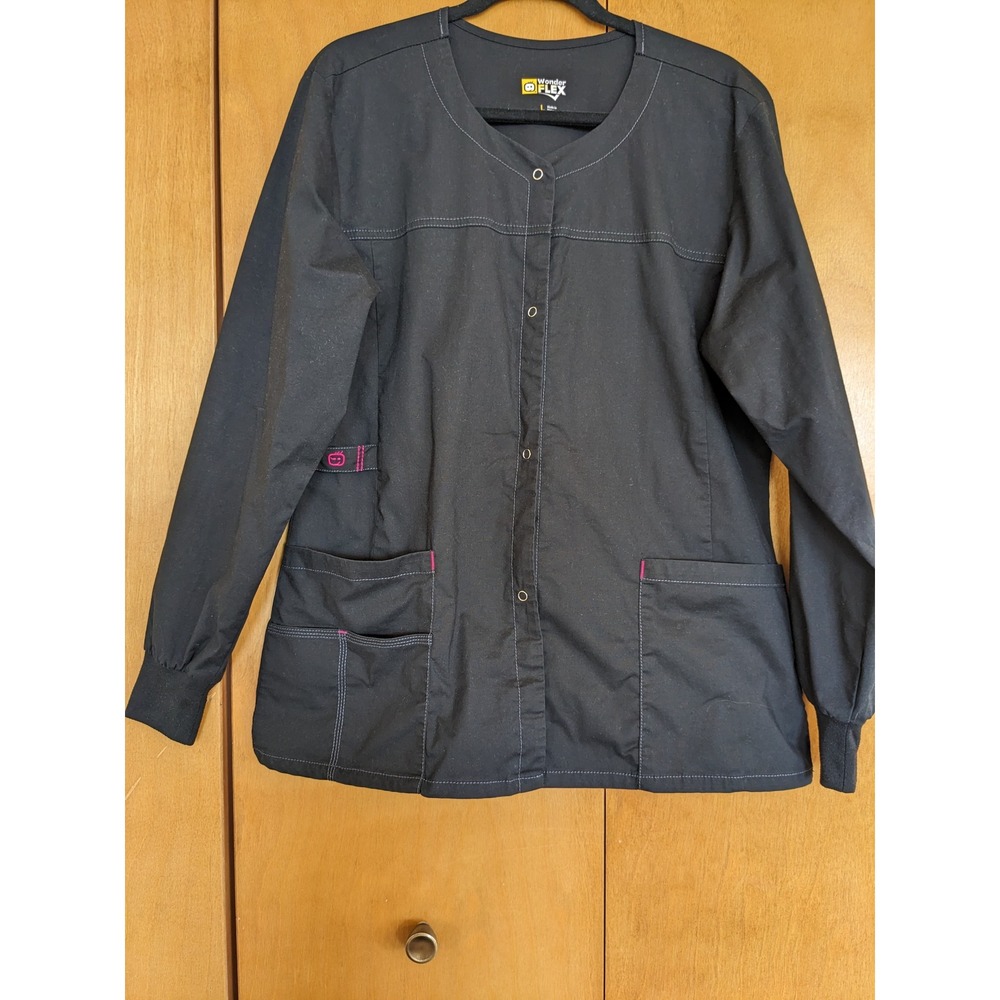 WonderWink WonderFLEX Scrub Jacket Black Pink Contrast Snap Front Large L